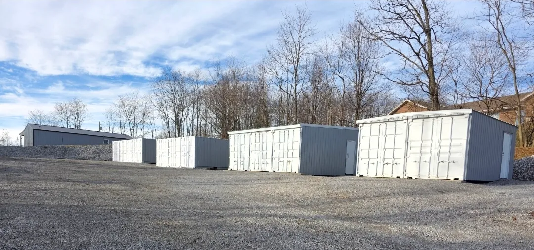 Row of storage container units at Steve's Self Storage in Bedford, Kentucky