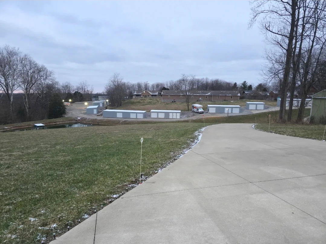 Overview of Steve's Self Storage grounds with drive-up buildings in Bedford, Kentucky